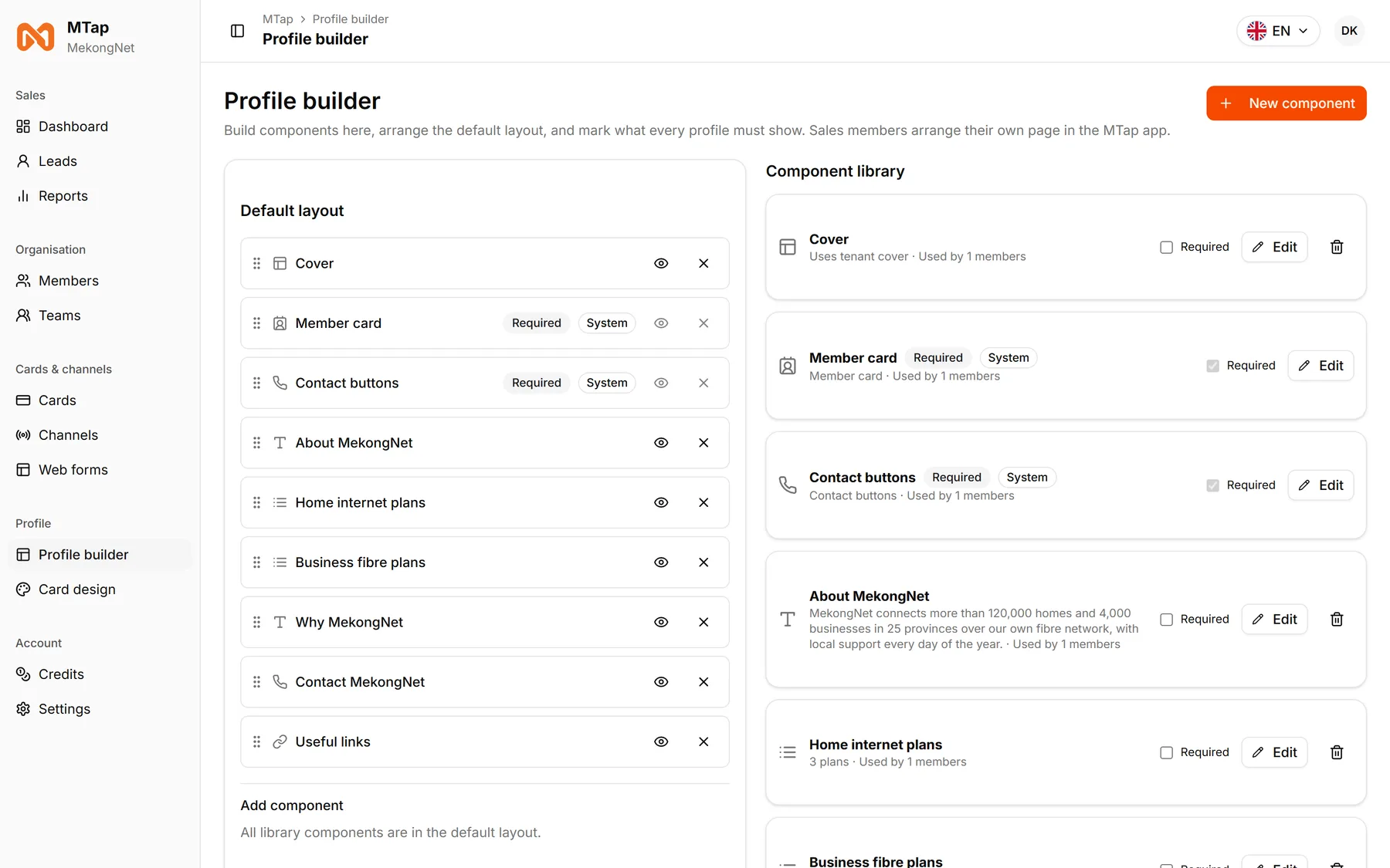 The MTap profile builder with the default layout and component library