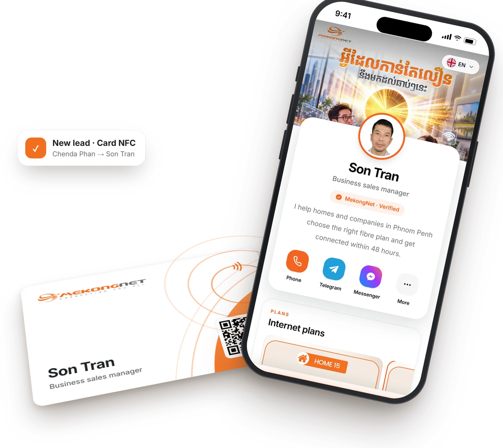 A MekongNet NFC business card and an iPhone showing the sales member profile it opens