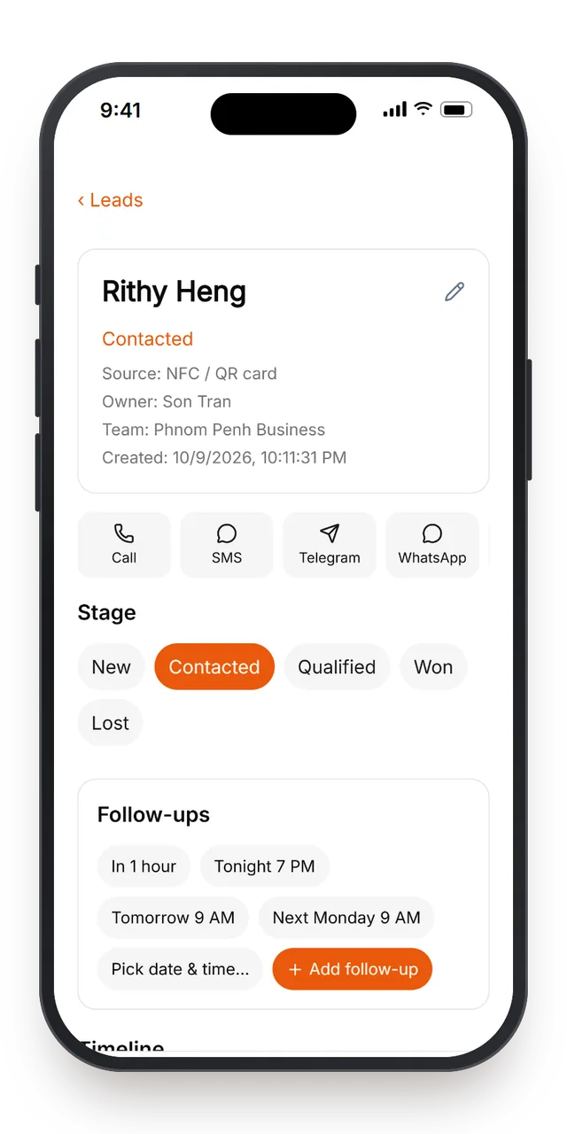 A lead with stage and follow-ups in the MTap app
